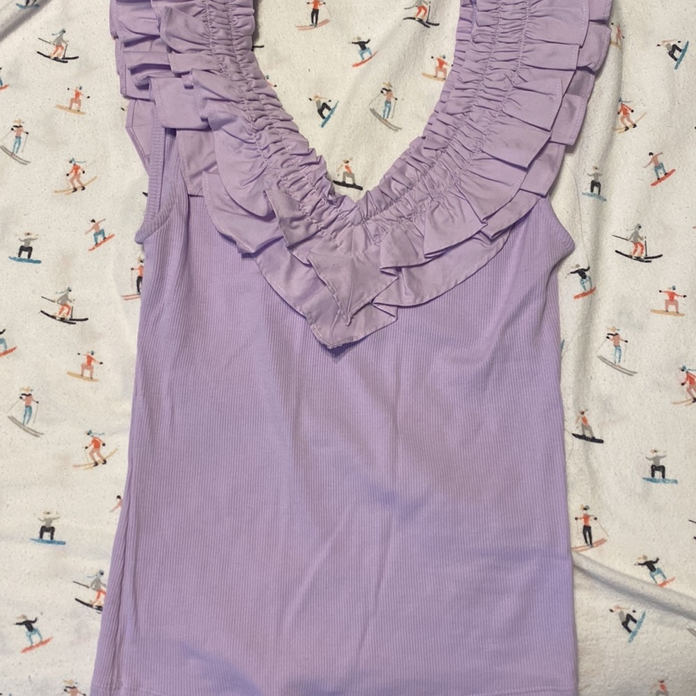 Ribbed Poplin Ruffle V-Neck Tank - Picture 2 of 4